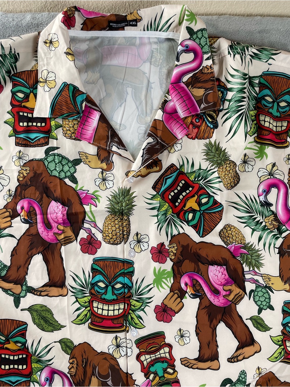 Hawaiian Shirt Funny Tiki Bigfoot Sasquatch Flamingo Floral Lightweight Men 4XL